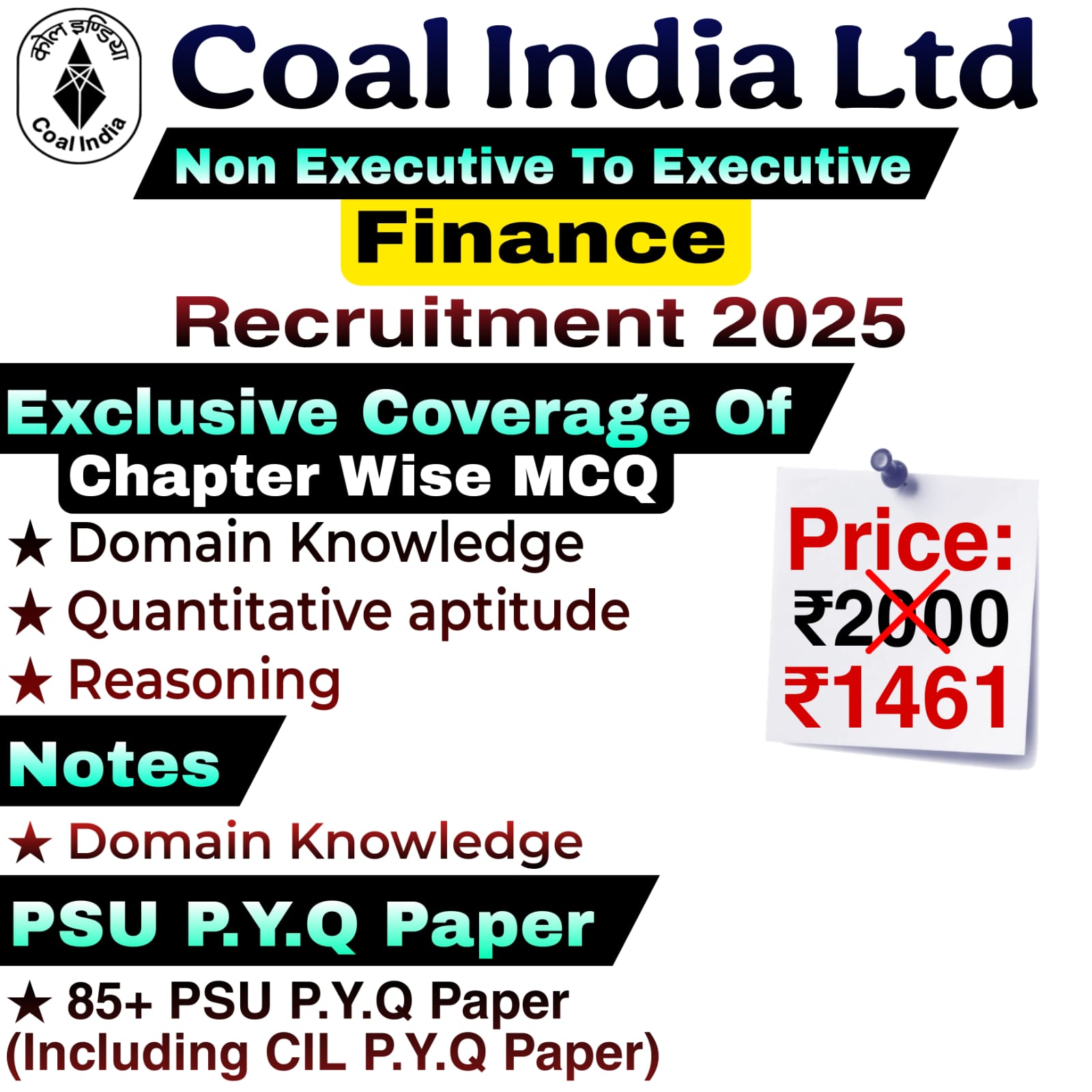 Coal India Ltd Non-Executive to Executive Finance MCQ, Notes & PSU Previous Year Question Paper Exam 2025