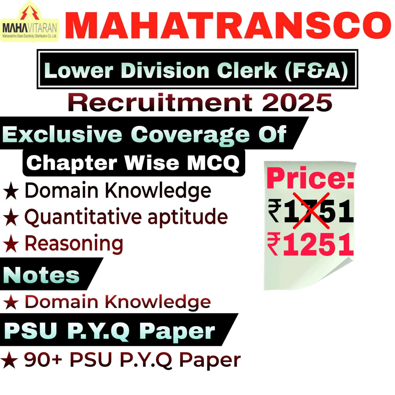 MAHATRANSCO Lower Division Clerk (Finance & Accounts) Chapter wise MCQ, Notes & PSU Previous Year Question Paper Exam 2025