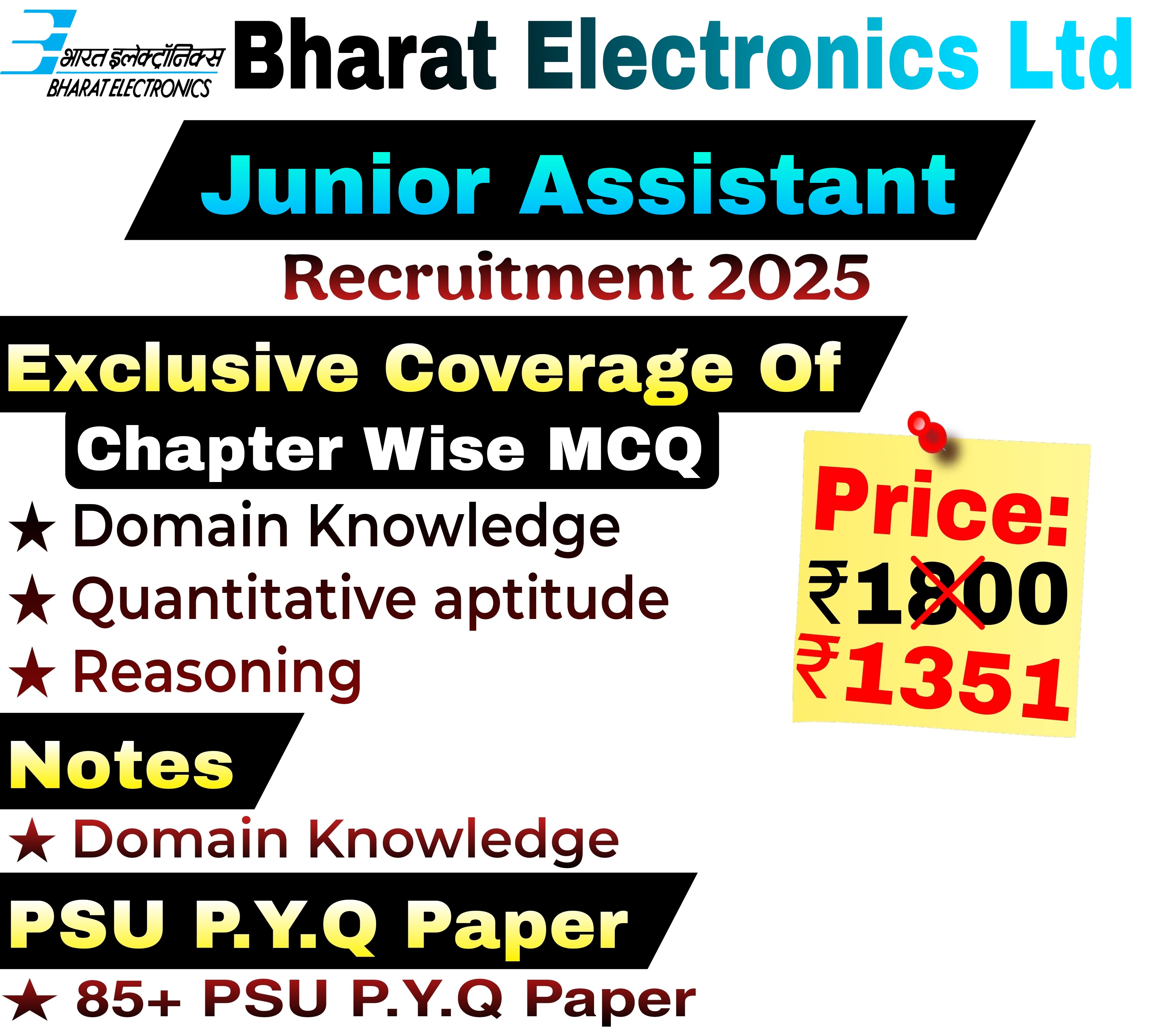 Bharat Electronics Ltd Junior Assistant Chapter wise MCQ, Notes & Previous Year Question Paper (E-Book) Exam 2025