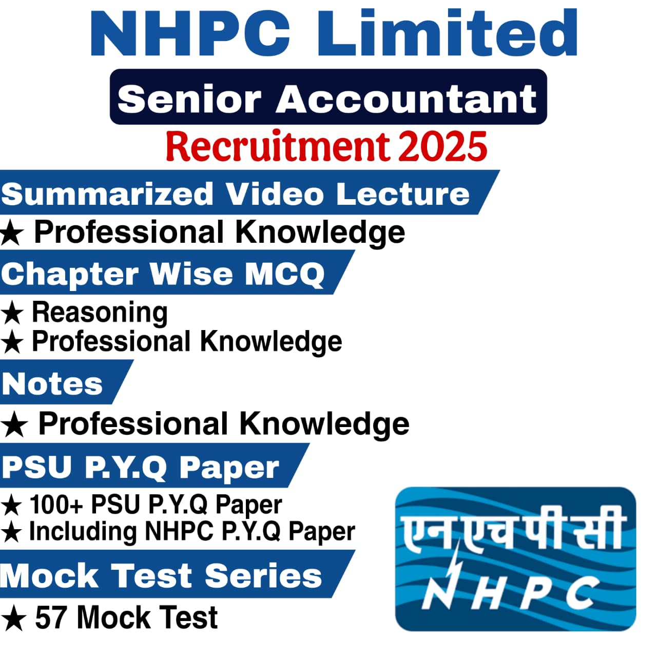NHPC Senior Accountant Video Lectures, Chapter Wise MCQ, Notes, Mock Test & PSU Previous Year Question Paper (e-book) 2025
