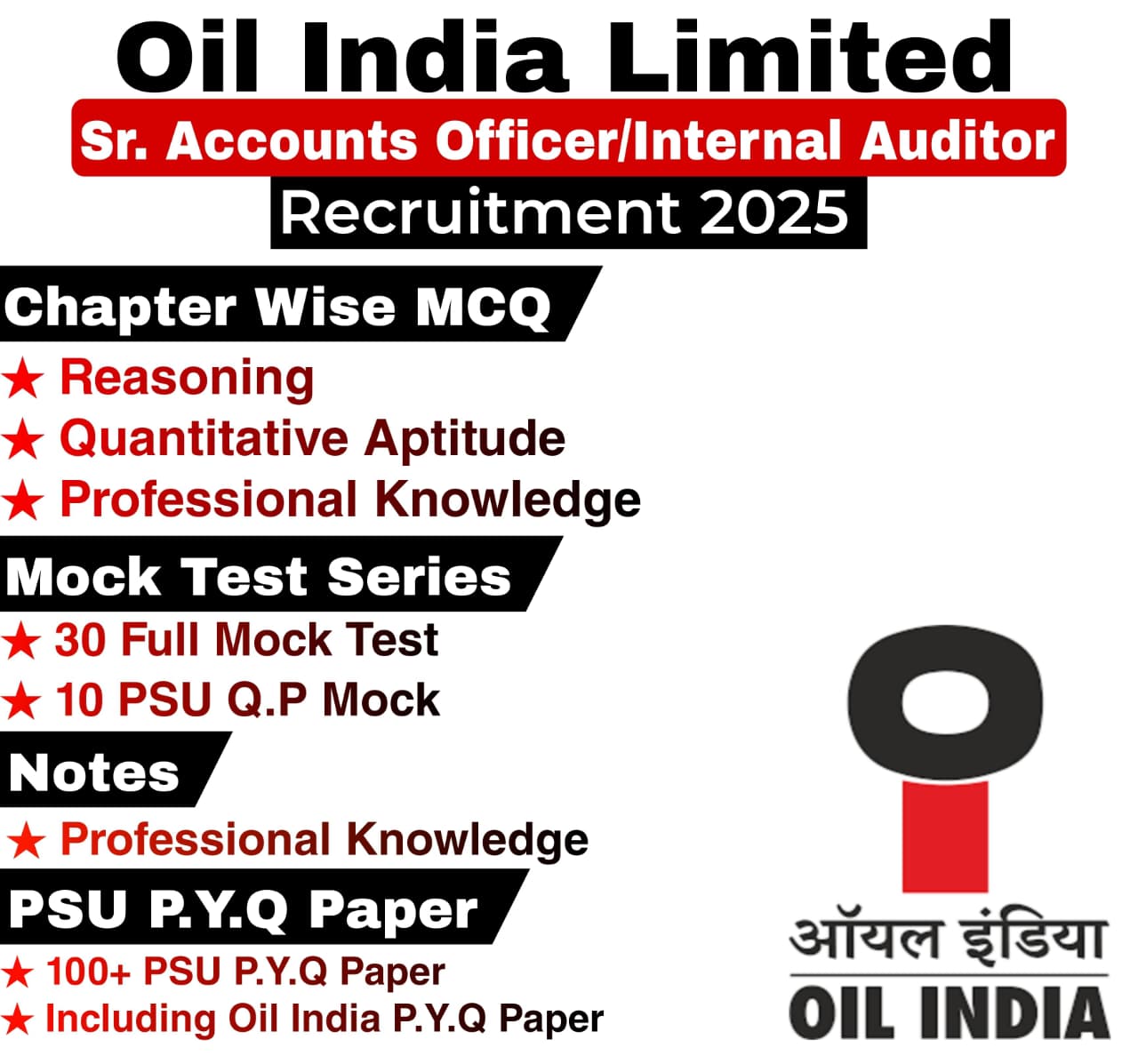 Oil India Senior Accounts Officer & Internal Auditor Chapter Wise MCQ, Notes, Mock Test & PSU Previous Year Question Paper (e-book) 2025