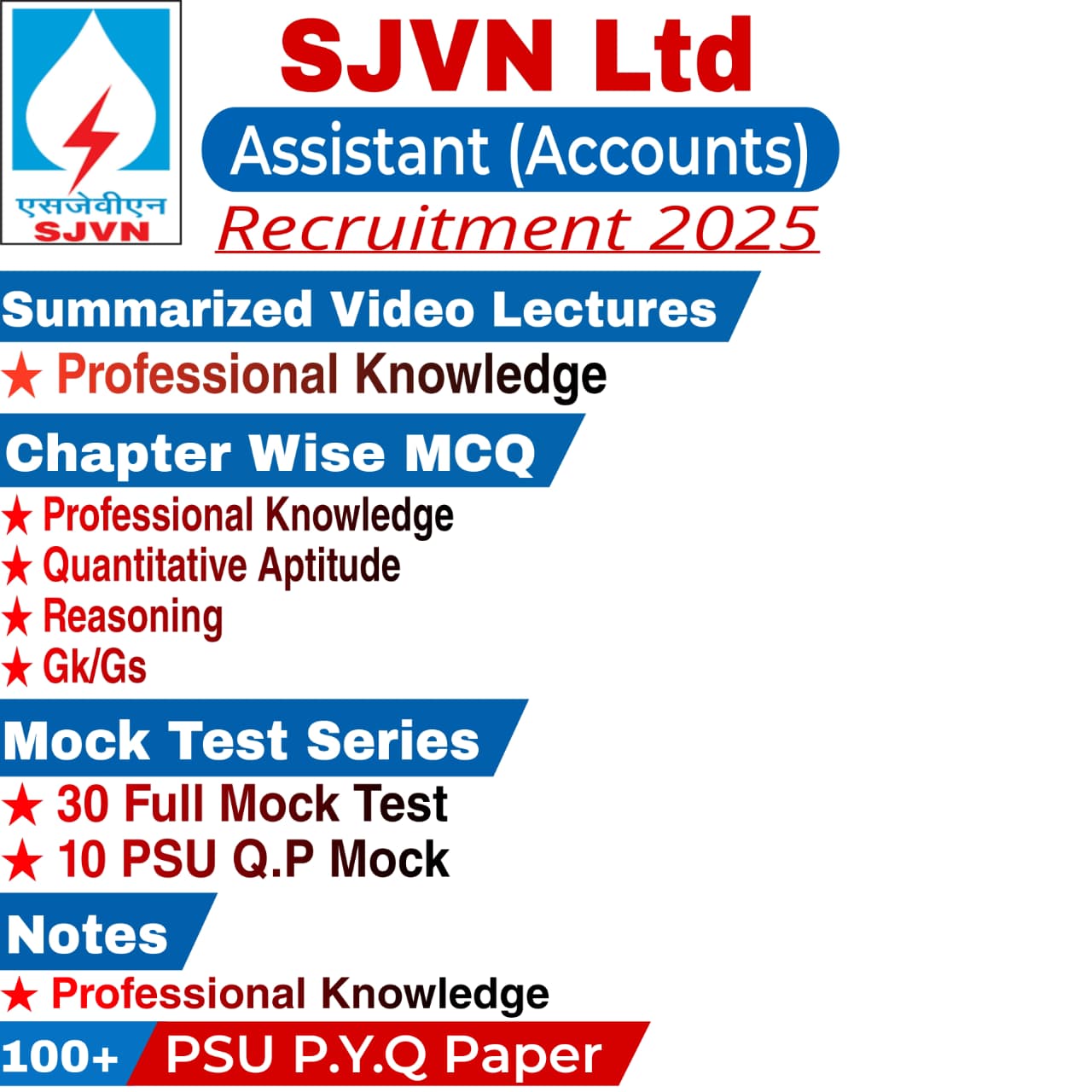 SJVN Assistant (Accounts) Video Lectures, Chapter Wise MCQ, Notes, Mock Test & PSU Previous Year Question Paper (e-book) 2025