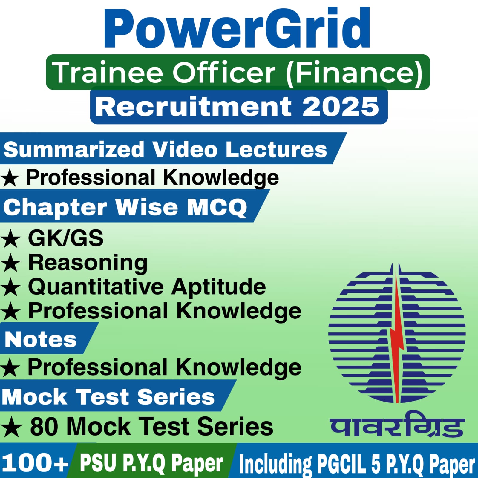 Powergrid (PGCIL) Officer Trainee Finance – Video Lectures, MCQs, Notes, Mock Tests & Previous Year Papers