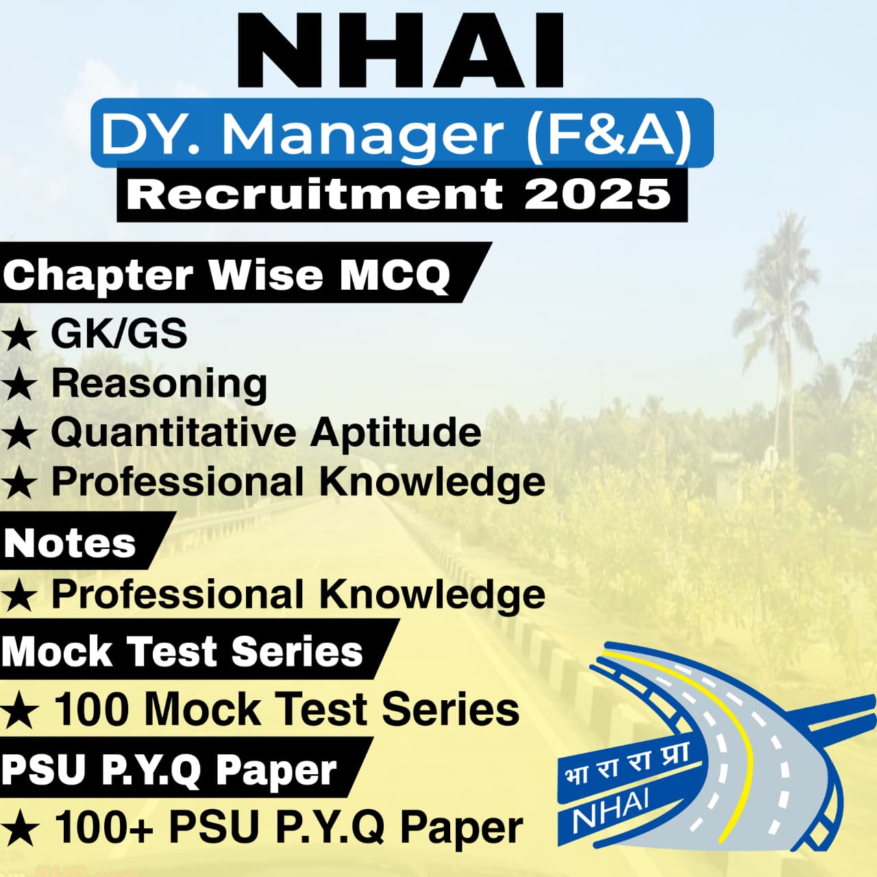 NHAI Dy. Manager (Finance & Accounts) Chapter Wise MCQ, Notes, Mock Test & PSU Previous Year Question Paper (e-book) 2025