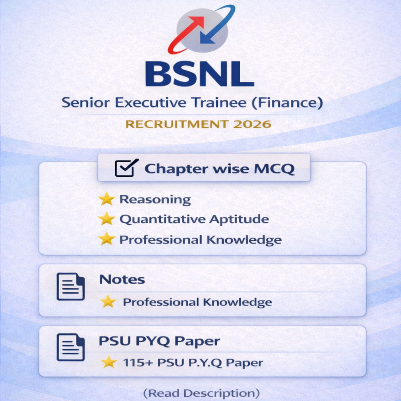 BSNL Senior Executive Trainee Finance Recruitment 2026 Chapter Wise MCQs, Notes & Previous Year Question Papers (e-book) 2026